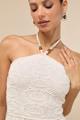 Cosma Ivory Beaded Crochet Knit Halter Midi Dress
