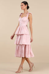 Lovely Bliss Pink Floral Jacquard Strapless Bustier Midi Dress
