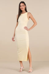 Lavina Light Yellow Jersey Knit Bodycon Midi Dress