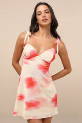 Aldara Light Yellow Abstract Mesh Tie-Strap Mini Dress