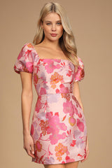 So Stunning Light Pink Floral Jacquard Puff Sleeve Mini Dres