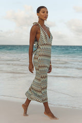 Majesty Turquoise and Brown Crochet Halter Midi Dress