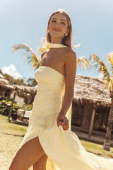 Nellie Light Yellow Pleated Maxi Dress and Scarf Set