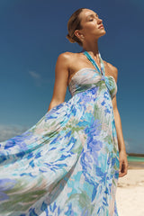 Aminah Blue Multi Floral Pleated Halter Midi Dress