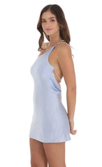 Pearl One Shoulder Satin Dress in Blue