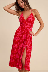 Vibrant Moment Red and Pink Floral Pleated Lace-Up Midi Dress