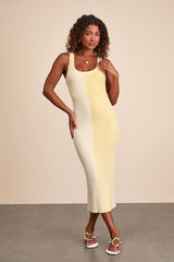 Radiant Personality Yellow Color Block Ribbed Knit Midi Dress