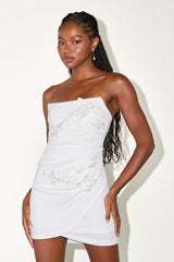Divine Sensation White 3D Embroidered Strapless Mini Dress