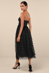 Immensely Exquisite Black Tulle Strapless Tiered Midi Dress