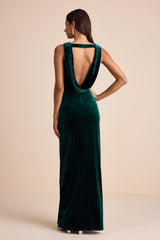 Enhanced Aura Emerald Green Velvet Cowl-Back Maxi Dress