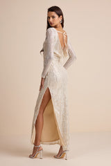 Glittery Devotion Champagne Sequin Fringe Maxi Dress