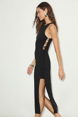 Masterfully Mod Black Side Button Midi Dress