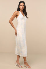 Meara Ivory and Blue Polka Dot Halter Midi Dress