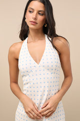 Meara Ivory and Blue Polka Dot Halter Midi Dress