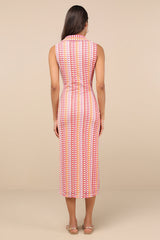 Nivara Cream and Red Multi Crochet Collared Midi Dress