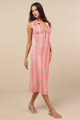 Nivara Cream and Red Multi Crochet Collared Midi Dress