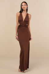 Alexandria Brown Backless Column Maxi Dress