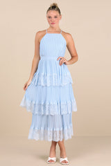 Came For Cocktails Light Blue Pleated Tiered Lace Maxi Dress