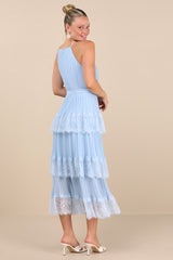 Came For Cocktails Light Blue Pleated Tiered Lace Maxi Dress