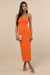 Basilia Orange Ribbed Strapless Midi Dress