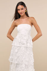 Pomina White 3D Floral Appliques Tiered Midi Dress