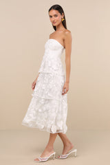Pomina White 3D Floral Appliques Tiered Midi Dress