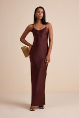 Janet Brown Satin Slip Maxi Dress