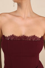 Memorably Iconic Burgundy Strapless Lace Bustier Maxi Dress