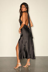 Exceptional Status Black Halter Backless Slip Midi Dress
