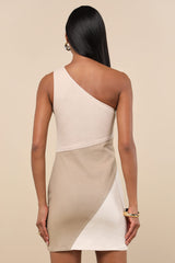 Tara Ivory Color Block One-Shoulder Mini Dress