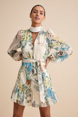 Ayame Ivory Floral Swiss Dot Balloon Sleeve Mini Dress