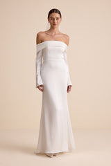 Saintclair White Satin Off-the-Shoulder Long Sleeve Maxi Dress