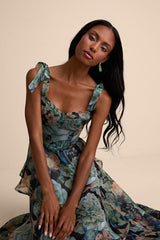 Playfully Posh Black Floral Organza Tie-Strap Tiered Midi Dress