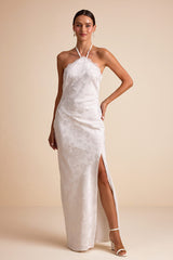 Emeris White Satin Jacquard Lace Halter Maxi Dress