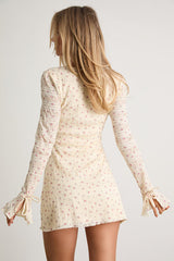Ornella Cream Floral Textured Long Sleeve Mini Dress