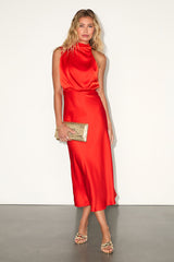Distinctive Charm Red Orange Satin Asymmetrical Midi Dress