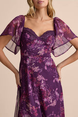 Valla Purple Floral Flutter Sleeve Midi Dress