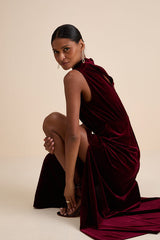 Classic Elegance Wine Red Velvet Sleeveless Mock Neck Maxi Dress