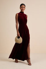 Classic Elegance Wine Red Velvet Sleeveless Mock Neck Maxi Dress