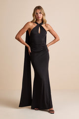 Noretta Black Jersey Knit Keyhole Cutout Sash Maxi Dress