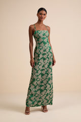Merrion Green Floral Satin Lace-Up Maxi Dress