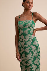 Merrion Green Floral Satin Lace-Up Maxi Dress