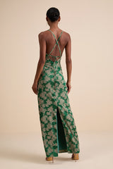 Merrion Green Floral Satin Lace-Up Maxi Dress