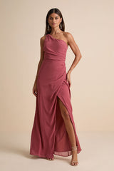 Adeline Rusty Rose One-Shoulder Scarf Maxi Dress