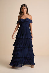 Always Remarkable Navy Pleated Off-the-Shoulder Maxi Dress