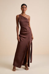 Signature Elegance Chocolate Brown Satin One-Shoulder Maxi Dress
