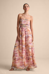 Mykala Light Pink Abstract Pleated Strapless Maxi Dress
