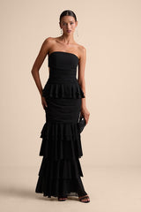 Loni Black Strapless Ruffled Maxi Dress