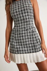 Moroni Black Tweed Pleated Hem Mini Dress