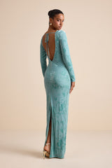 Amiria Light Aqua Burnout Velvet Long Sleeve Maxi Dress
